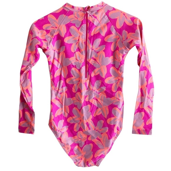 Snapper Rock Girls Hibiscus Hype Long Sleeve Pink Swimsuit Rash Guard 14 - Picture 3 of 11